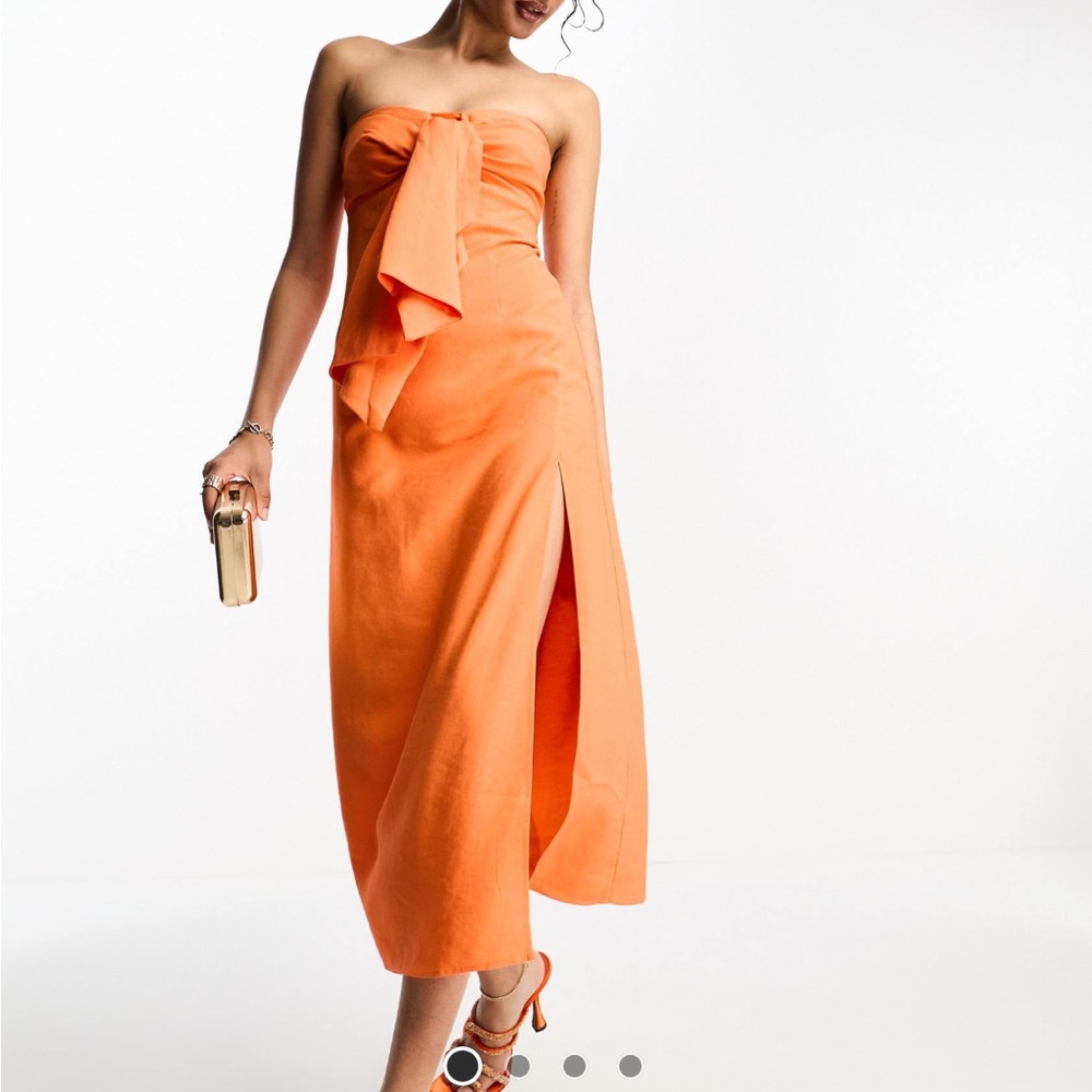 Orange strapless midi dress
